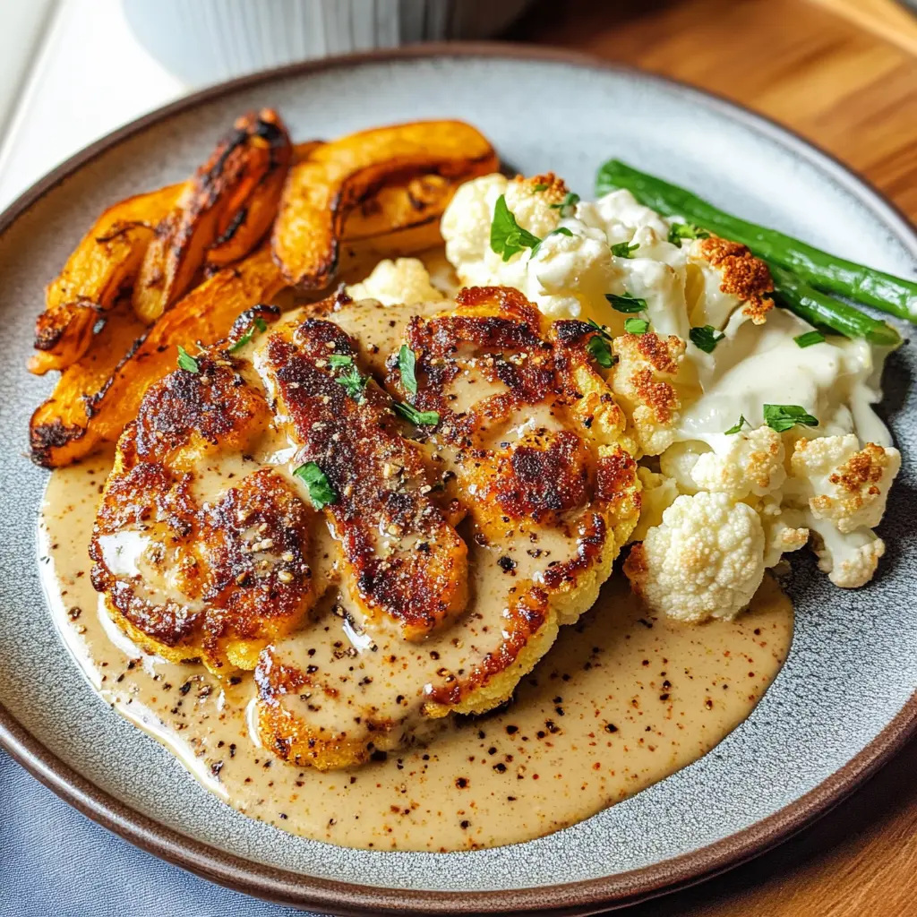 Ein Genuss für die Sinne! Dieses Blumenkohl-Steak verwöhnt mit einer cremigen Pfeffersauce, die perfekt zu den herzhaften Aromen passt. Ideal für ein veganes Dinner oder als ausgefallene Beilage zu besonderen Anlässen. Pinne jetzt für dein nächstes Kochabenteuer!