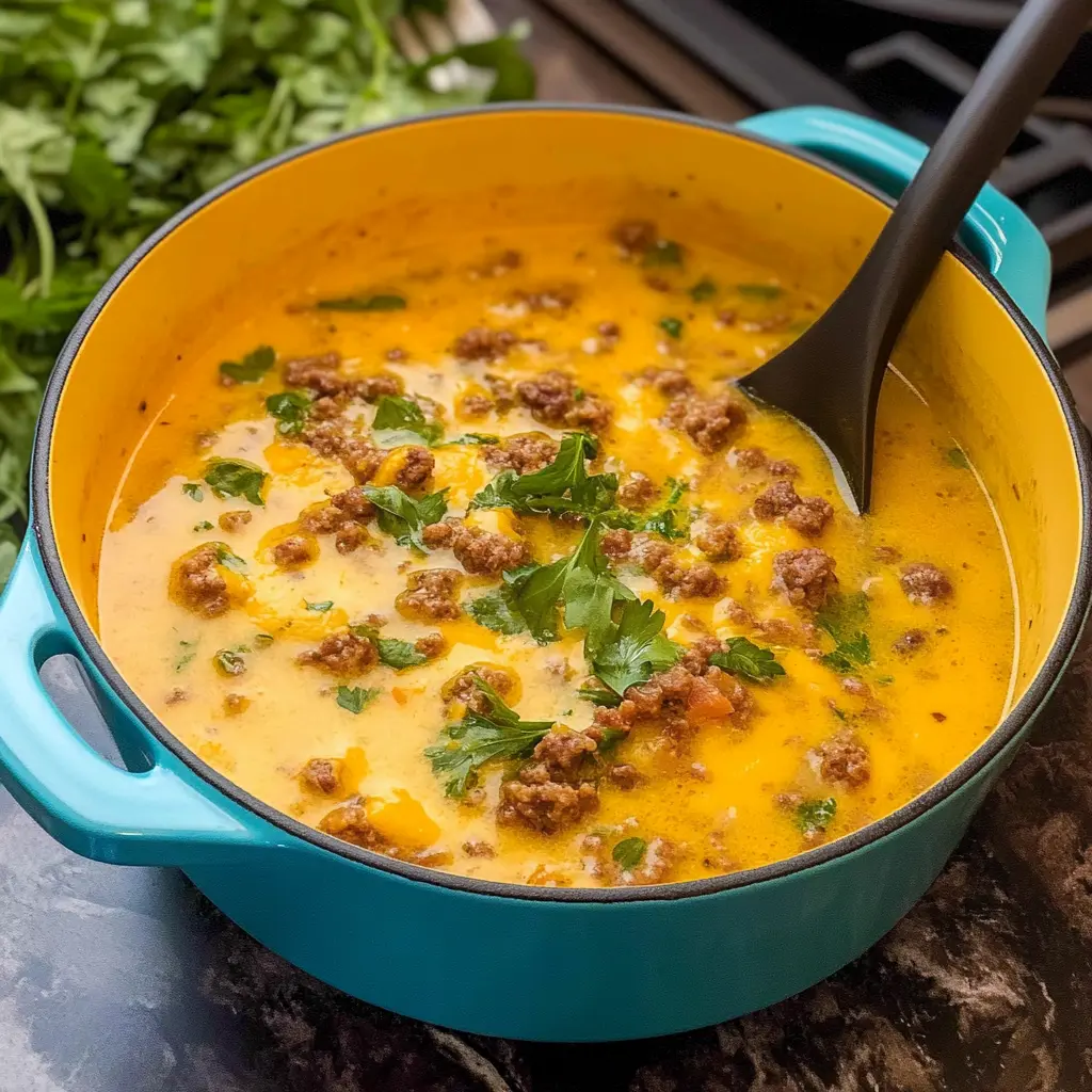 Cheeseburger Suppe – Ein Traum für alle Fast Food Liebhaber! Diese cremige Köstlichkeit vereint alle Aromen eines klassischen Cheeseburgers in einer wärmenden Schüssel. Perfekt für ein schnelles, herzhaftes Abendessen oder gemütliche Abende mit Freunden. Speichern und genießen!