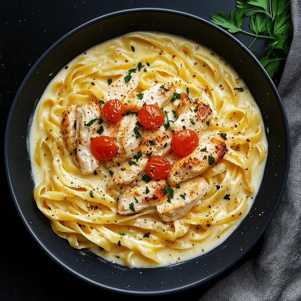 Cremige Chicken Alfredo Pasta – Ein Genuss für die Sinne! Zarte Hähnchenstücke umhüllt von einer samtigen, knoblauchigen Sauce und serviert mit frischen Nudeln. Ideal für ein schnelles Abendessen oder ein gemütliches Beisammensein mit Freunden!