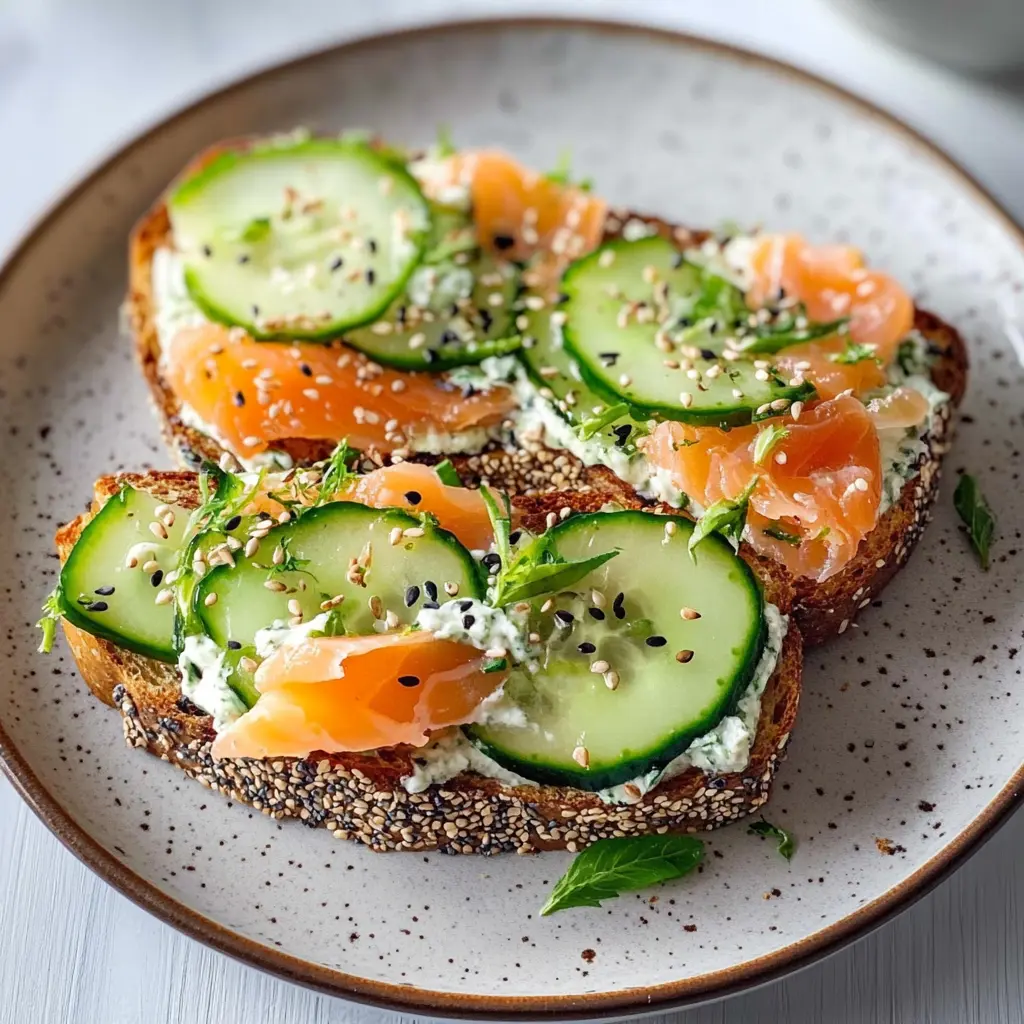 Frisches Vollkornbrot mit zarten Gurkenscheiben und raffiniertem Lachs – ein Hochgenuss für Gesundheitsbewusste! Perfekt für ein leichtes Mittagessen oder als knackiger Snack für zwischendurch.✨🥒🍣