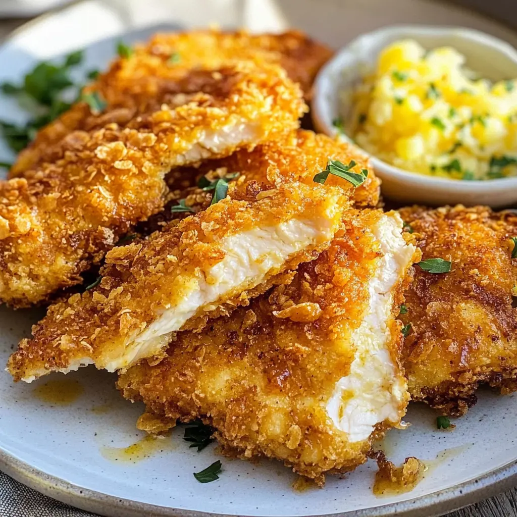 Knuspriges Hähnchen mit Cornflakes-Panade – ein Geschmackserlebnis, das begeistert! Zarte Hähnchenstücke ummantelt von einer herrlich knusprigen Schicht. Ideal für ein schnelles Abendessen oder einen gemütlichen Filmabend!