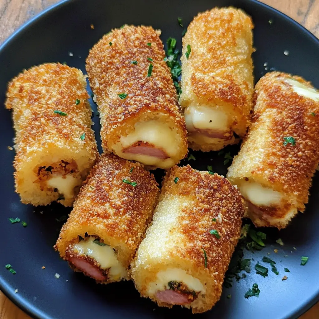 Ein echter Snack-Traum! Diese Käse-Schinken-Röllchen sind umhüllt von einer knusprigen Parmesan-Panade. Perfekt als köstlicher Appetizer für jede Feier oder als herzhaftes Fingerfood für den gemütlichen Filmabend. Unbedingt pinnen!