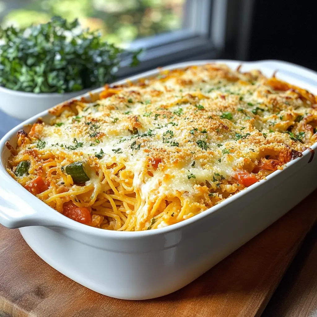 Ein Genuss für die Sinne! Dieser knusprige Spaghetti-Auflauf vereint zarte Teigwaren mit frischem Gemüse und einer herrlich cremigen Sauce. Perfekt für ein schnelles, herzhaftes Abendessen oder einen entspannten Abend mit Freunden! 🥗✨