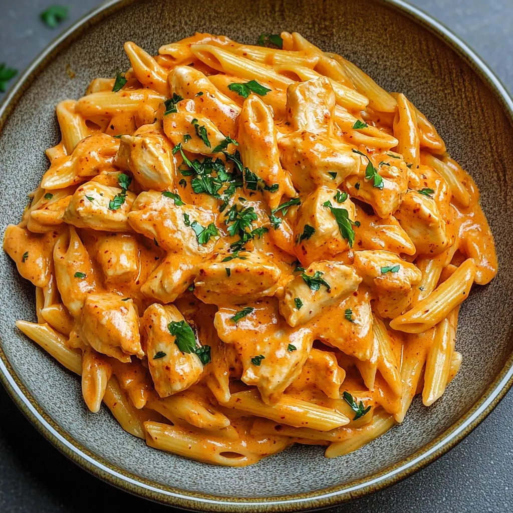 Ein echter Geschmackstraum! 🍝 Zarte Nudeln vereinen sich mit saftigen Hähnchenstücken in einer würzigen, cremigen Paprikasoße. Ideal für ein schnelles Abendessen und perfekt für die ganze Familie!✨ Save this Pin für dein nächstes Kochabenteuer!