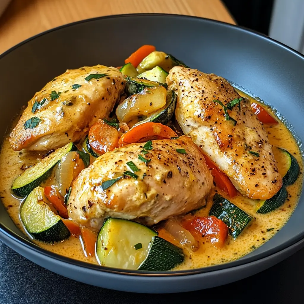 Ein Traum für Feinschmecker! Zarter Hähnchenbrust in einer cremigen Paprika-Zucchini-Sauce, verfeinert mit frischen Kräutern. Ideal für ein schnelles, aber trotzdem elegantes Abendessen – perfektes Rezept für jeden Anlass! 🌿🍽️