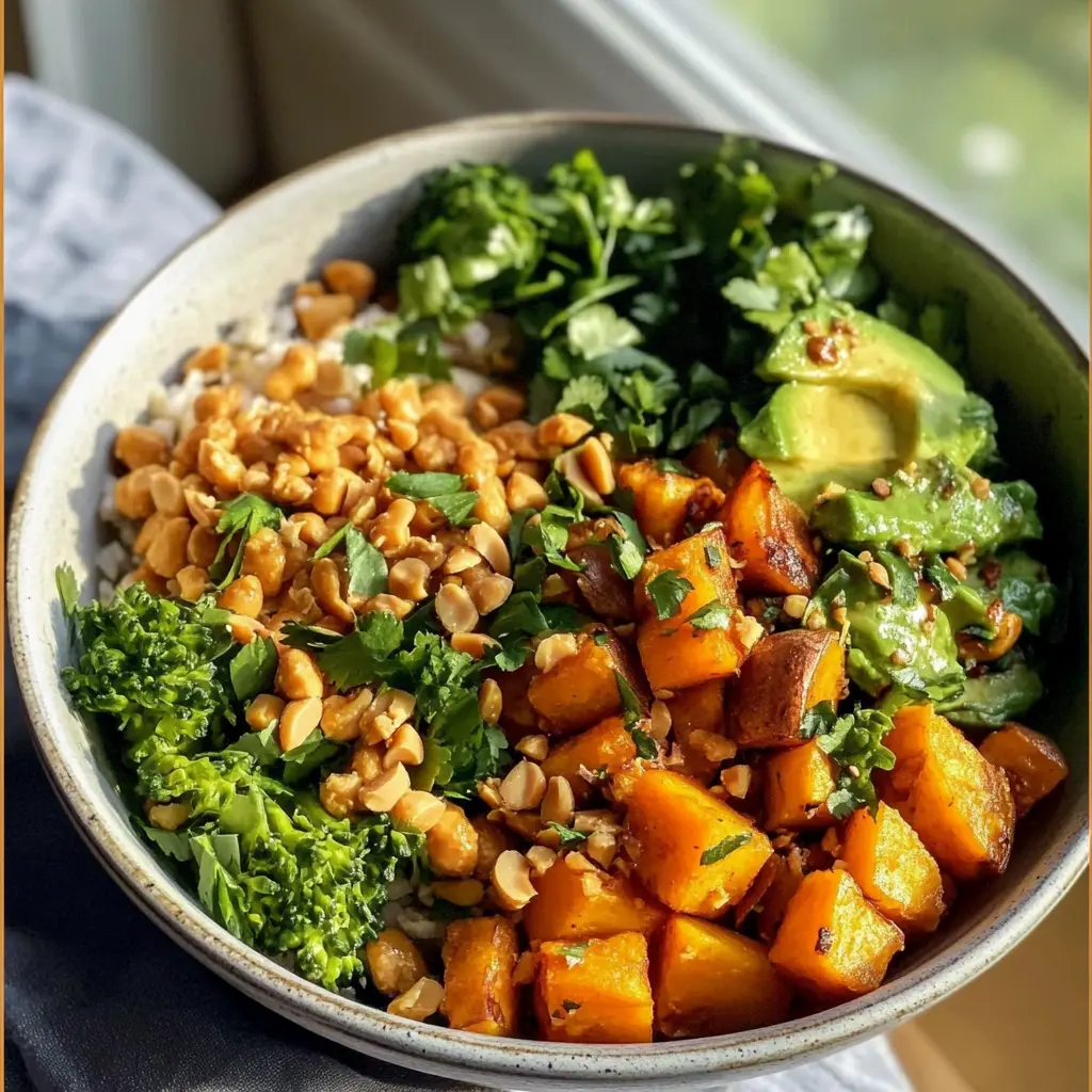 Köstliche thailändische Buddha Bowl – ein Fest für Gaumen und Augen! Mit süßen Kartoffeln, knackigen Erdnüssen und frischem Gemüse vereint sie Aromen, die begeistern. Ideal für ein gesundes Mittagessen oder als farbenfrohes Abendessen mit Freunden!