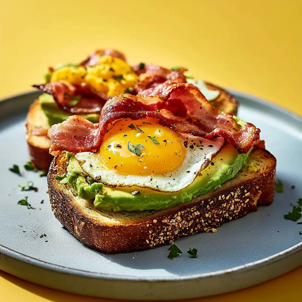 Avocado-Toast mit knusprigem Speck und perfekt gebratenem Ei – ein Frühstücksgenuss, der die Sinne verwöhnt! Cremige Avocado vereint sich mit herzhaftem Speck und einem Ei nach Wahl. Ideal für ein köstliches Brunch-Date oder gemütliche Wochenend-Morgen!