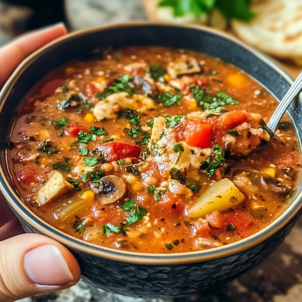 Ein Genuss für die Sinne! Diese vegane Pizzasuppe vereint all die köstlichen Aromen deiner Lieblingspizza in einer herzhaften Suppe. Mit frischen Tomaten, knusprigen Paprika und aromatischen Gewürzen – perfekt für eine gesellige Runde oder als leichtes Abendessen. Ideal für jede Party!