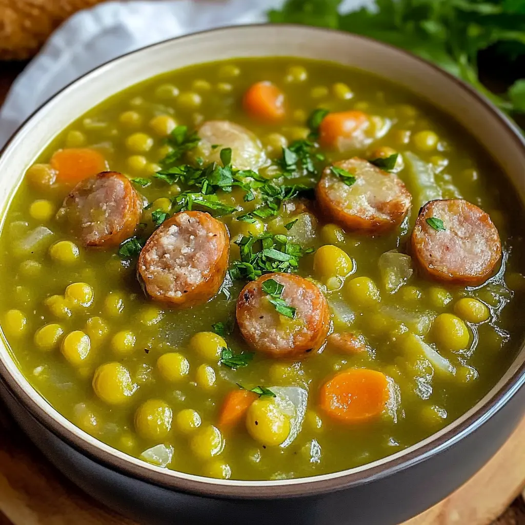 Klassische Erbsensuppe – ein Soulfood für kalte Tage! Diese cremige Köstlichkeit aus zarten Schälerbsen und deftigen Würstchen schmeichelt Gaumen und Bauch. Ideal für ein herzhaftes Mittagessen oder einen gemütlichen Abend mit Freunden. Perfekt zum Nachkochen und Teilen!