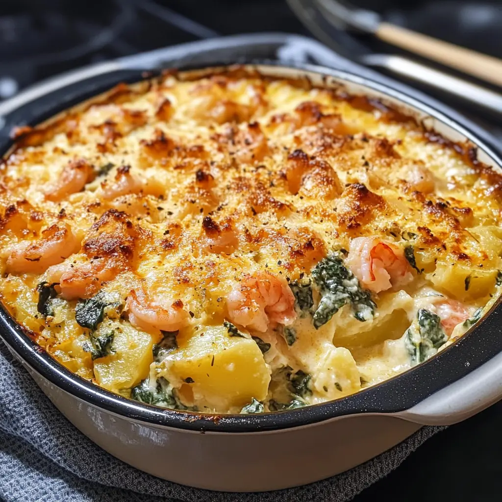 Ein himmlisches Geschmackserlebnis! Dieses Kartoffel-Spinat-Gratin mit zartem Lachs und saftigen Garnelen vereint frische Aromen und cremige Texturen. Ideal für ein festliches Dinner oder ein besonderes Familienmahl – unbedingt merken!