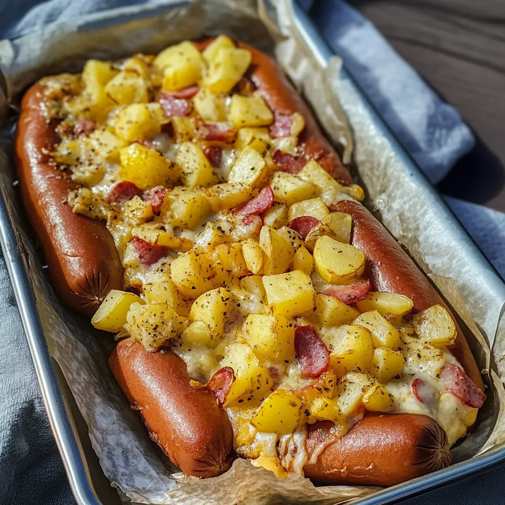 Ein Herzhaftes Blech für die ganze Familie! Zarte Kartoffelscheiben mit würzigen Hot Dog Stückchen, überbacken mit geschmolzenem Käse – einfach unwiderstehlich! Ideal für ein schnelles Abendessen oder beim nächsten Grillabend.