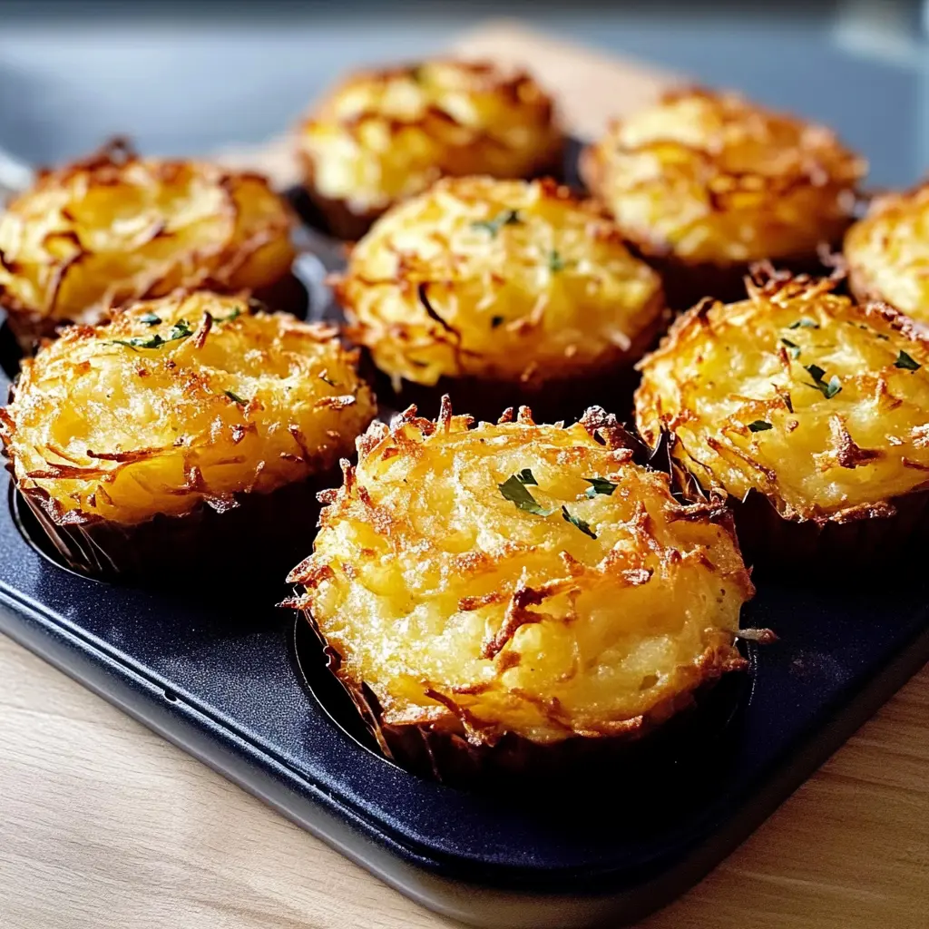 Ein herzhafter Genuss in Muffinform! Diese Kartoffelrösti-Muffins bestehen aus knusprigen, goldbraunen Kartoffeln, verfeinert mit frischen Kräutern und Käse. Perfekt für ein gemütliches Frühstück oder als Snack für unterwegs. Unbedingt pinnen!