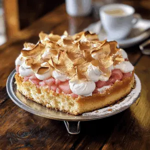 Ein himmlischer Rhabarberkuchen mit luftiger Baiserhaube – ein Traum für jeden Süßschnabel! Saftiger Rhabarber trifft auf die süße Leichtigkeit des Baisers. Ideal für sonnige Nachmittage oder festliche Kaffeetafeln. Speichern und nachbacken!