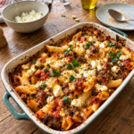 Griechischer Nudelauflauf mit Feta und Hackfleisch in der Auflaufform
