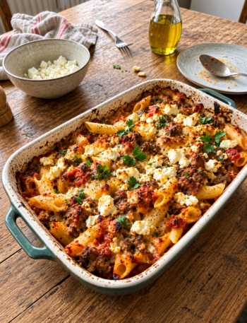 Griechischer Nudelauflauf mit Feta und Hackfleisch in der Auflaufform
