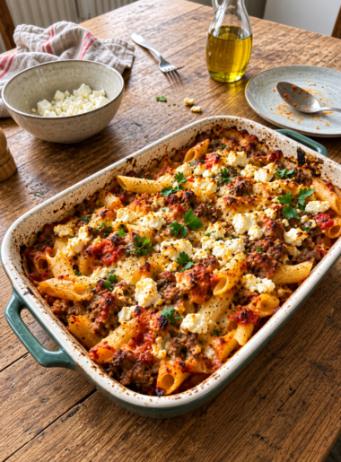 Griechischer Nudelauflauf mit Feta und Hackfleisch in der Auflaufform