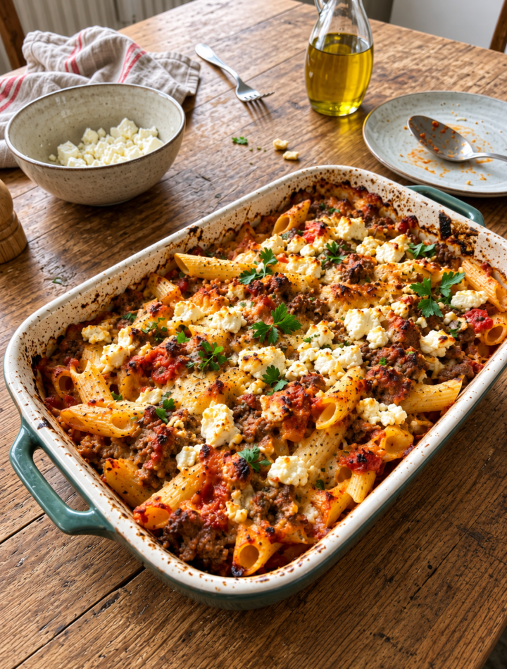 Griechischer Nudelauflauf mit Feta und Hackfleisch in der Auflaufform